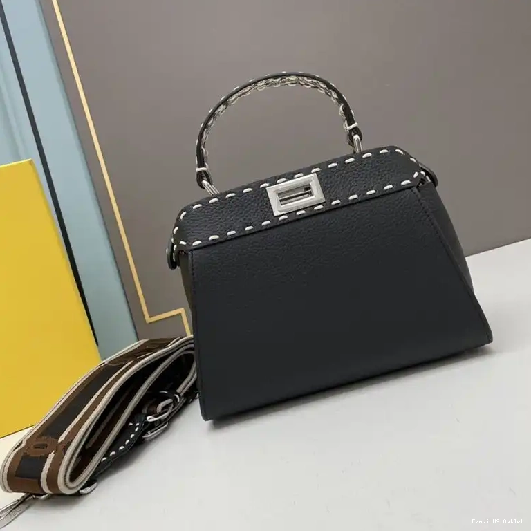 Cheap HOT Fendi Calf Peekaboo Iconic In Stitching Black Bag Mini Leather 0706